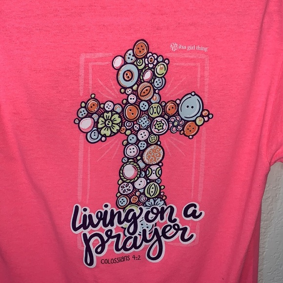 Itsa Girl Thing Pink Living On A Prayer Graphic T Shirt Size youth Large - Picture 3 of 7